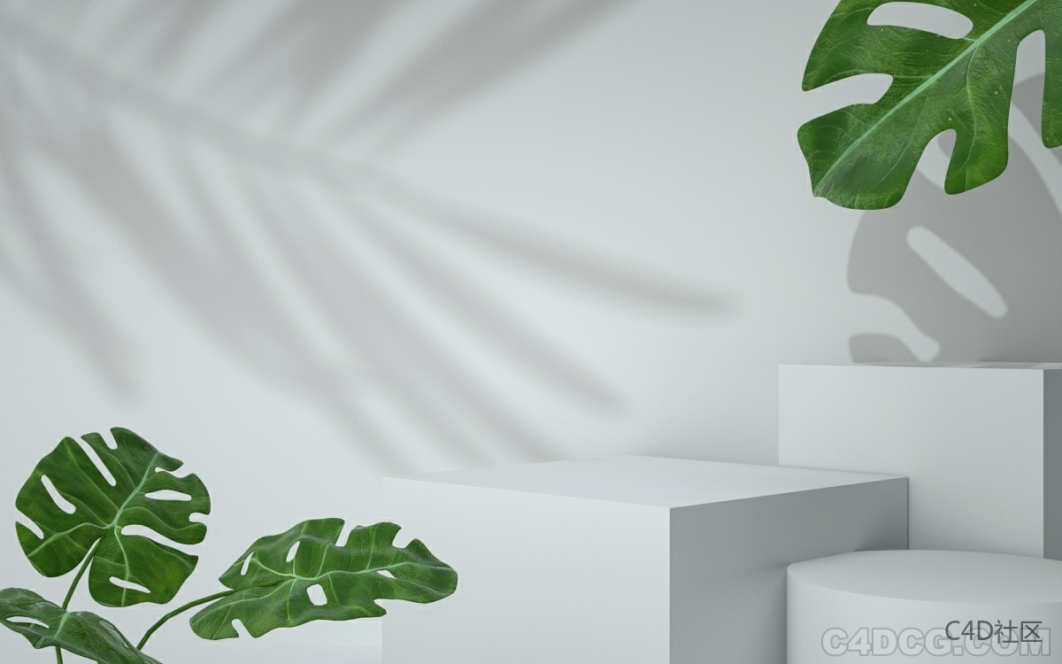 C4D电商场景-大叶绿植纯色背景场景