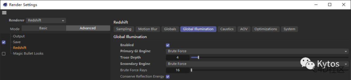 Readshift 渲染设置 Global Illumination Brute Force