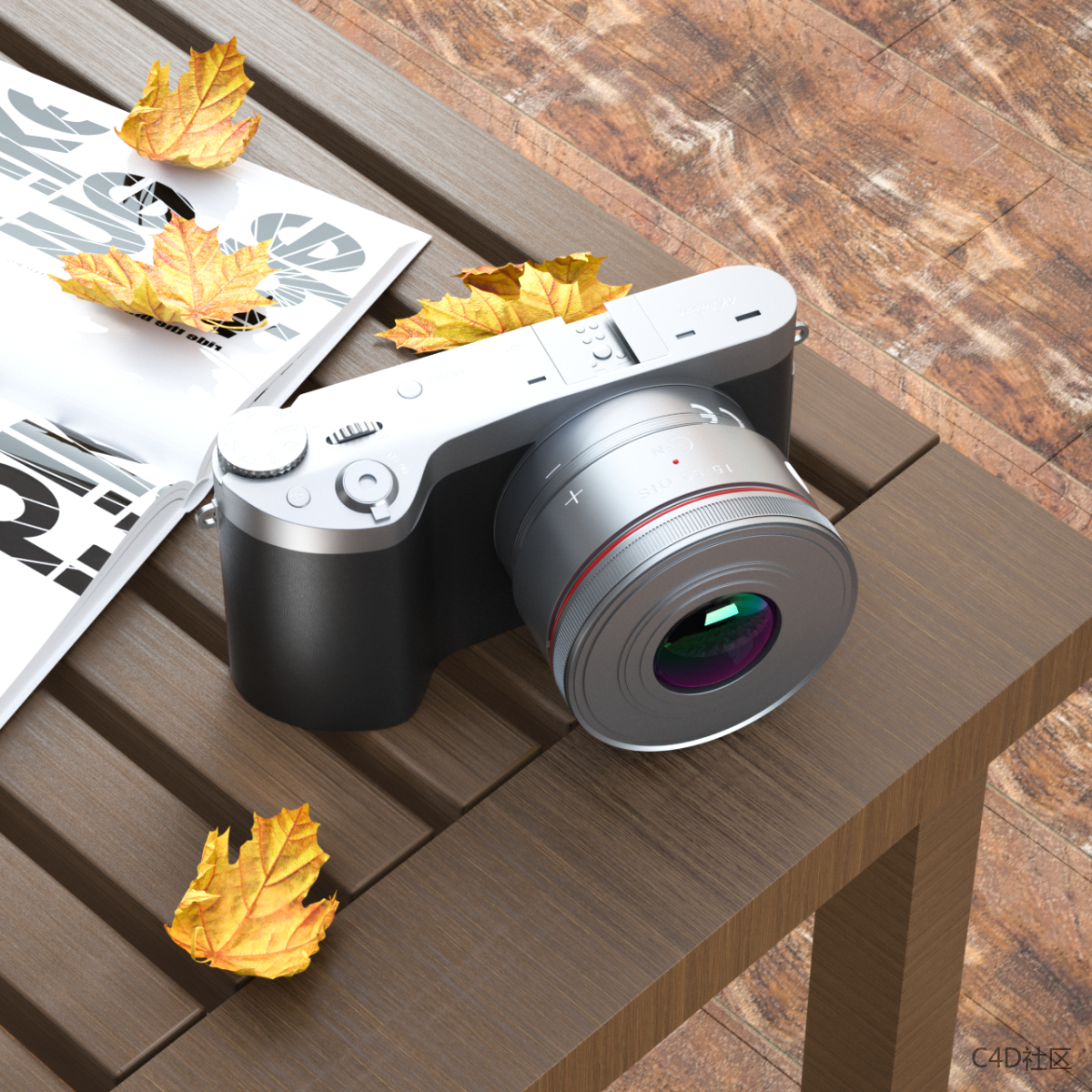 照相机场景-枫叶-杂志长板凳