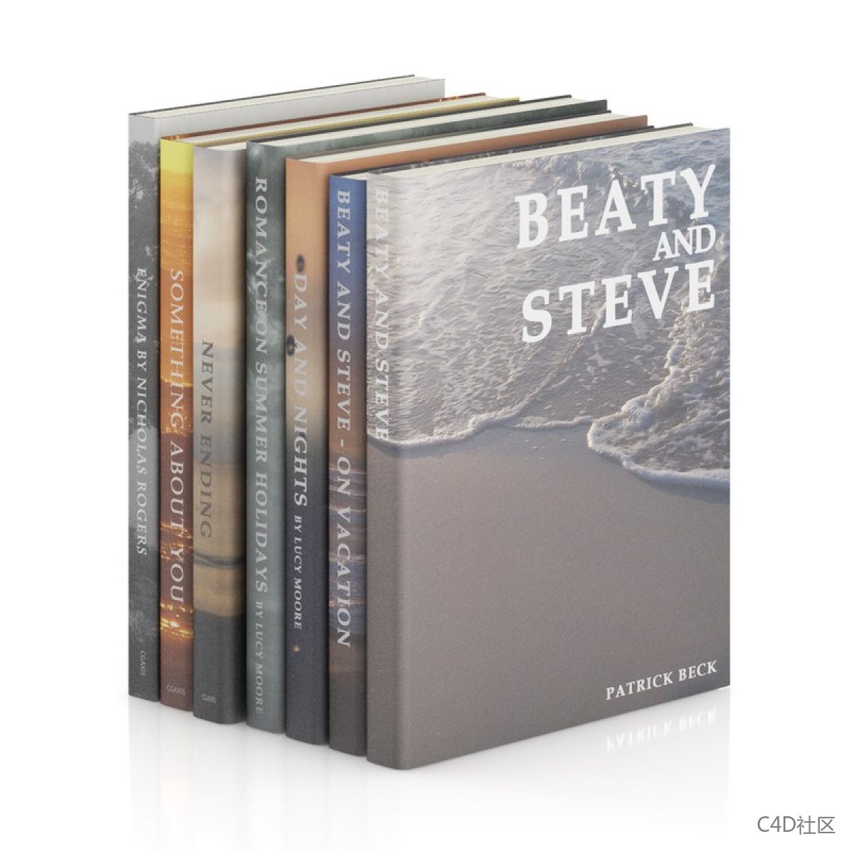 书籍模型-六本厚薄不已错落有序的圆角封面书籍