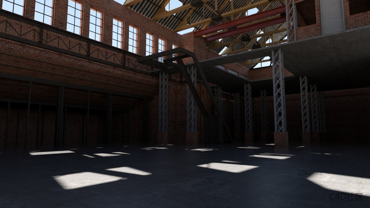 大空间场景模型-巨大的仓库工业风格太阳光